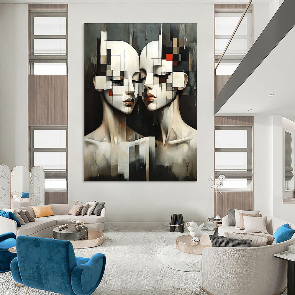 Large abstract painting featuring two female figures in geometric forms with pixelated faces and a dark background in Ismail Inceoglu's style.STSC1447