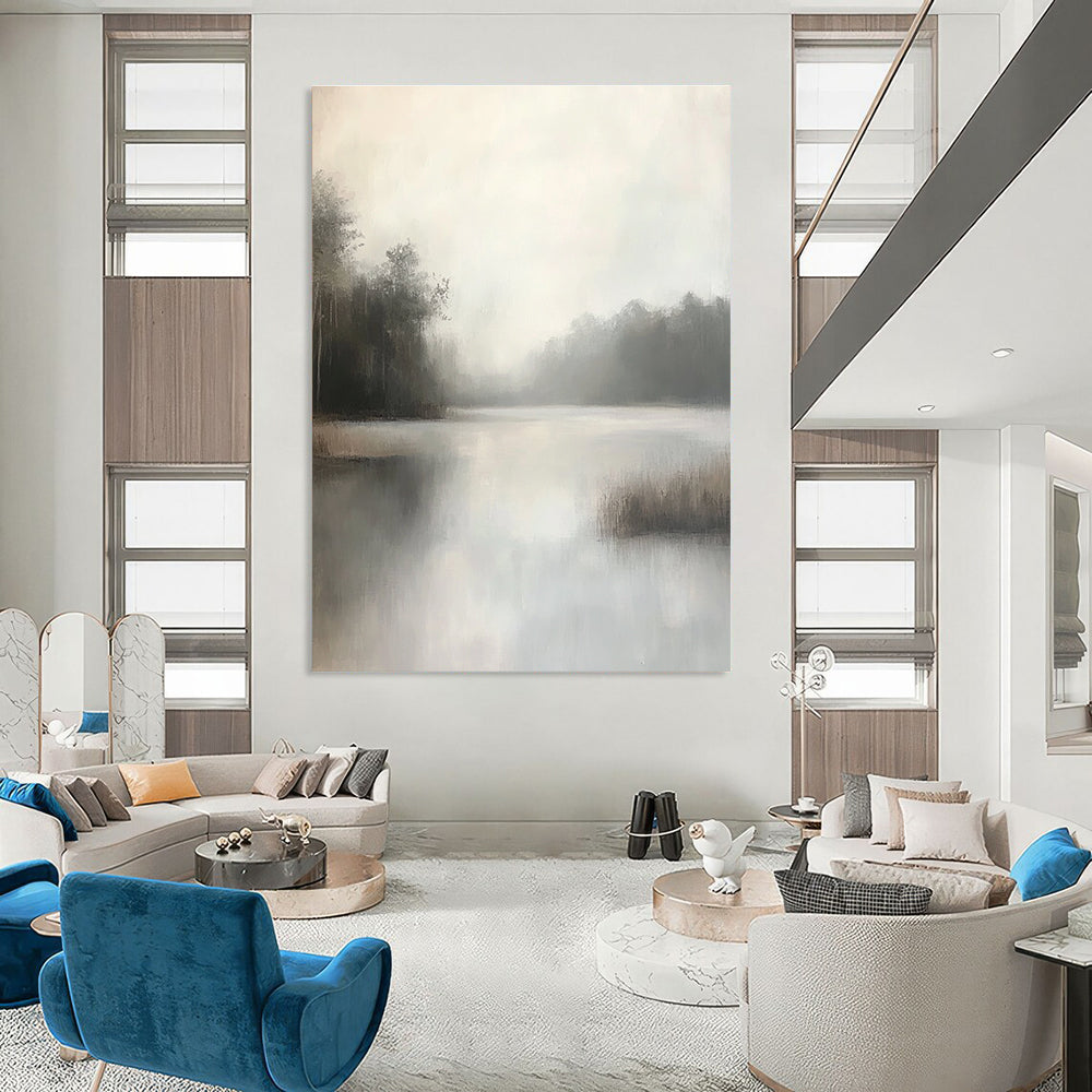 Large abstract painting capturing a misty bayou with muted grey and white tones featuring soft brushstrokes and detailed foliage in a minimalist style.STSC1100