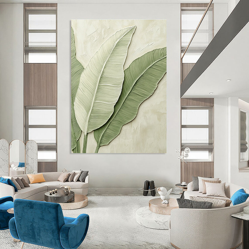 A large abstract painting of banana leaves in light green tones on a beige background, perfect for enhancing any modern space.STSC002
