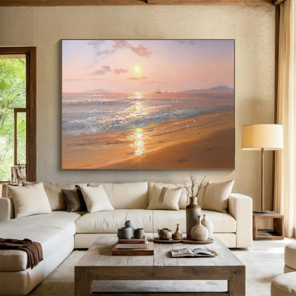 Serene Seaside Sunset Abstract Painting with Warm Coastal Tones THY271