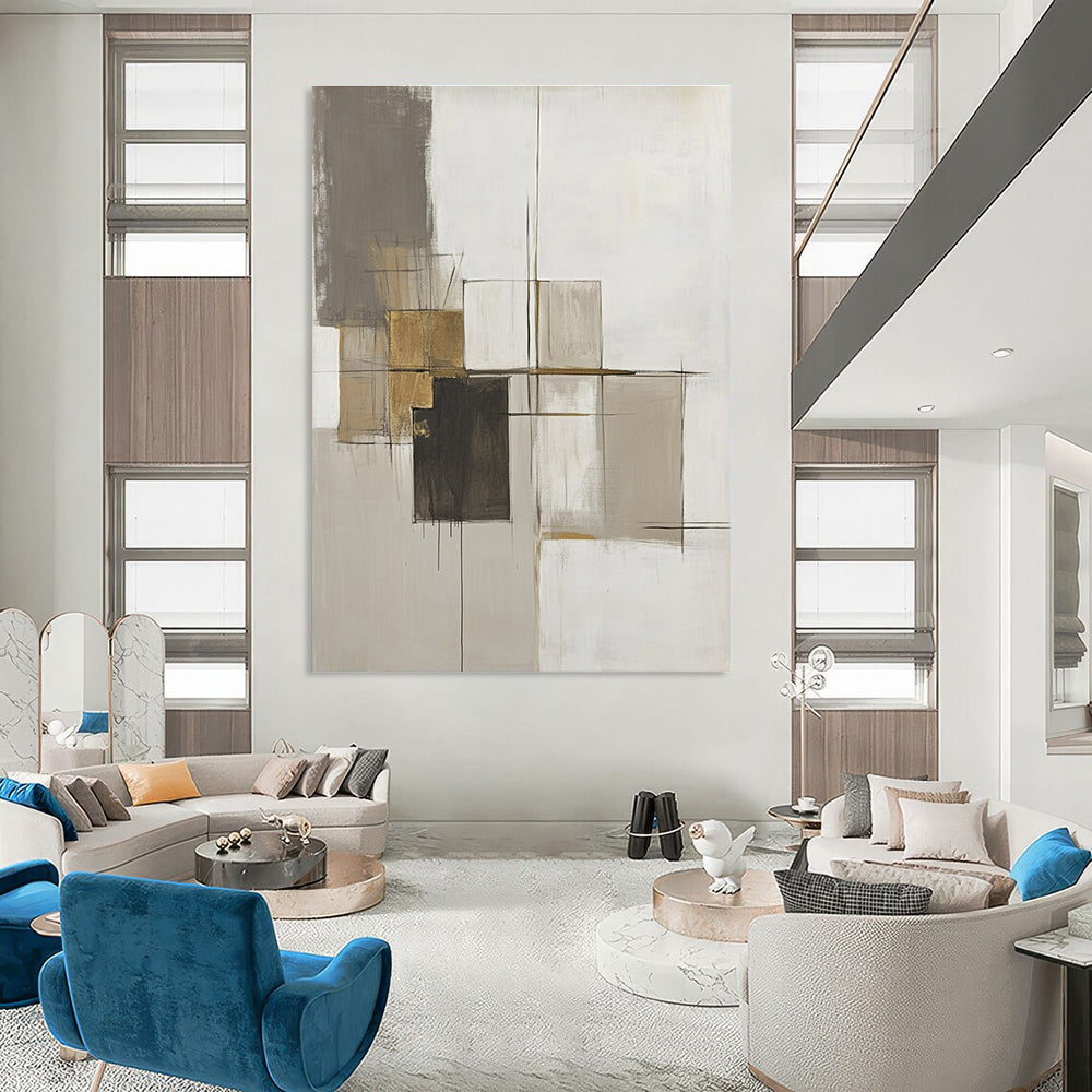 Large abstract painting featuring neutral tones, thick brush strokes, a central abstract structure, and gold accents on a minimalist canvas.STSC778