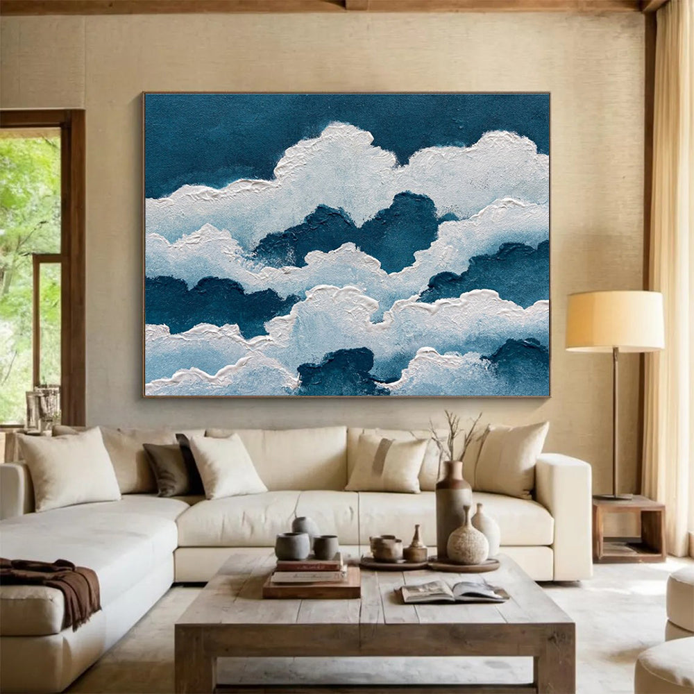 Blue White Cloud Abstract Painting with Textured Sky Forms THY364