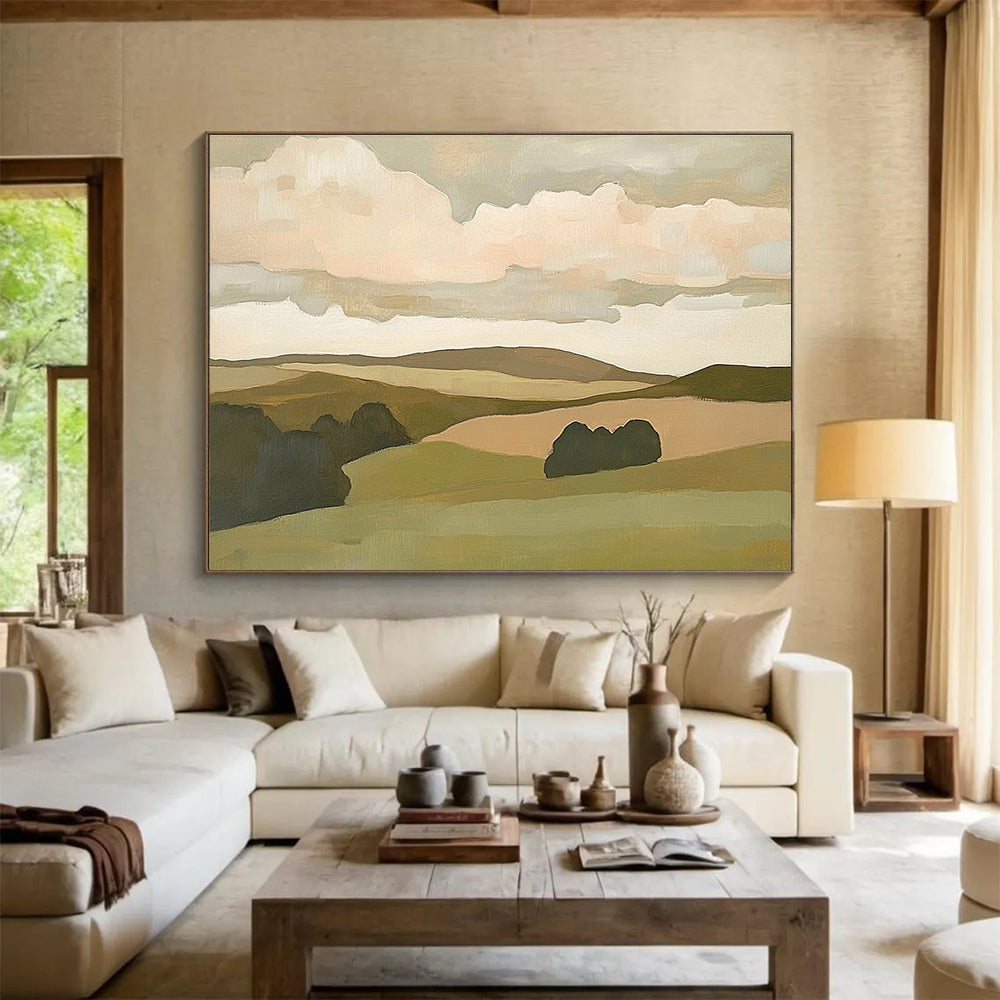 Minimalist Hill Landscape Abstract Painting with Green and Beige Tones DYP563