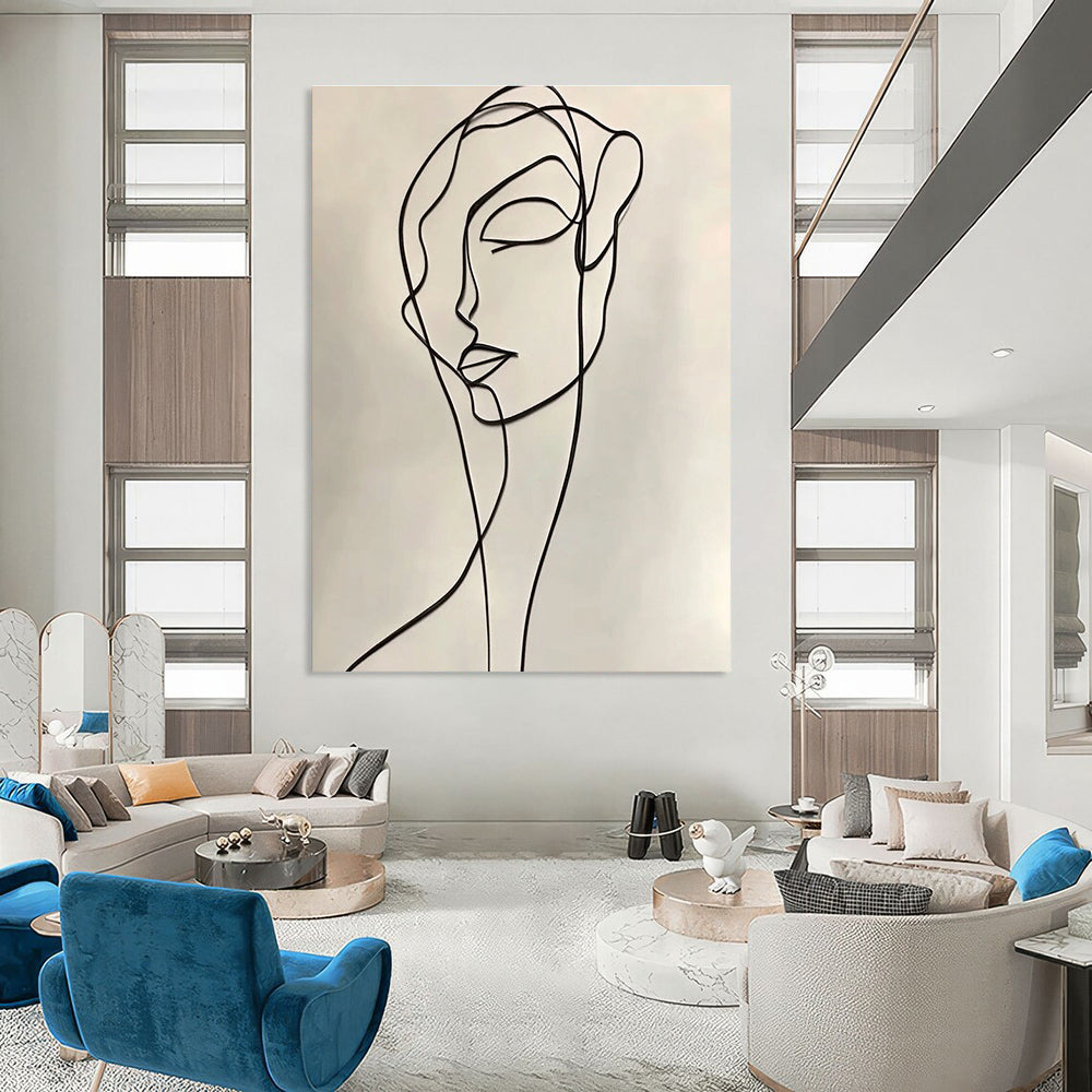 A large abstract drawing featuring a continuous line contour of a woman in elegant black ink on a white background, inspired by Henri Matisse.STSC1190