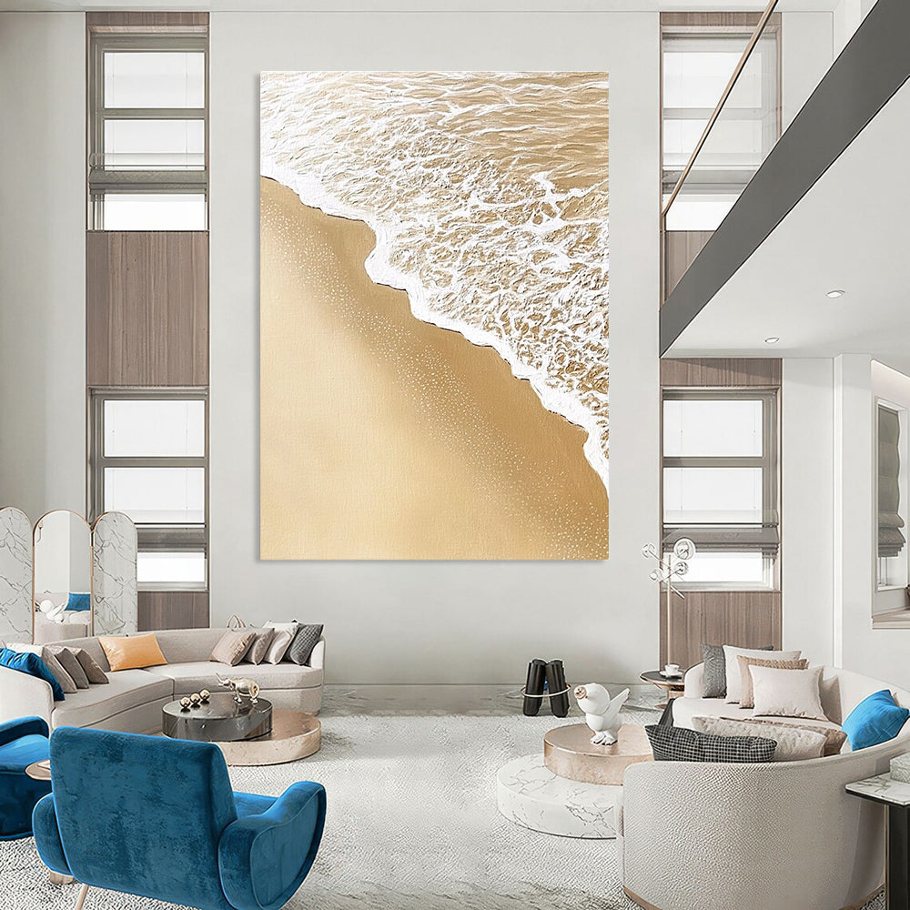 Abstract art capturing intricate sand and water patterns with soft waves blending detailed textures in light beige and white colors.STSC952
