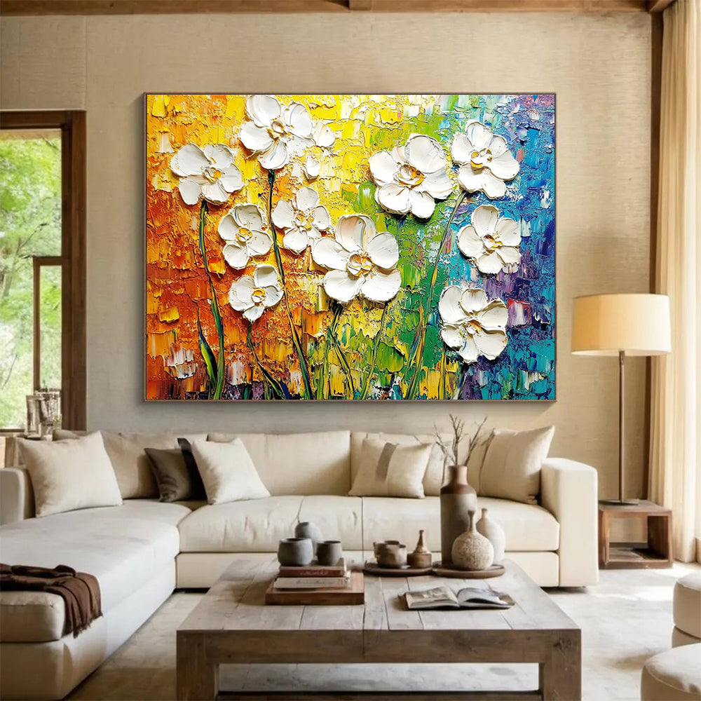 Vibrant abstract painting of white flowers on a textured canvas showcasing intricate details and celebrating the beauty of nature.SC271