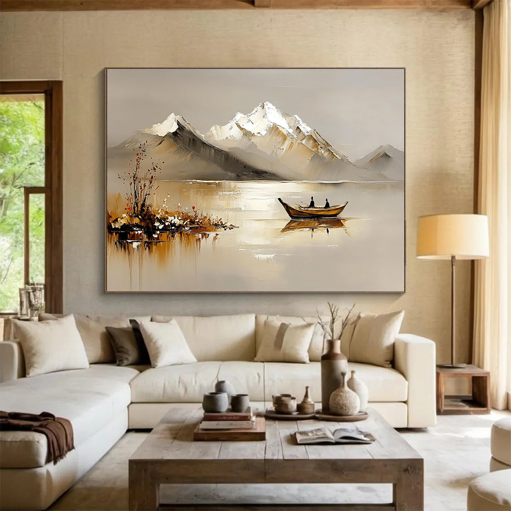 Abstract oil painting with textured palette knife depicting serene lake mountains ancient boats and blooming wildflowers in warm gray hues.SC608