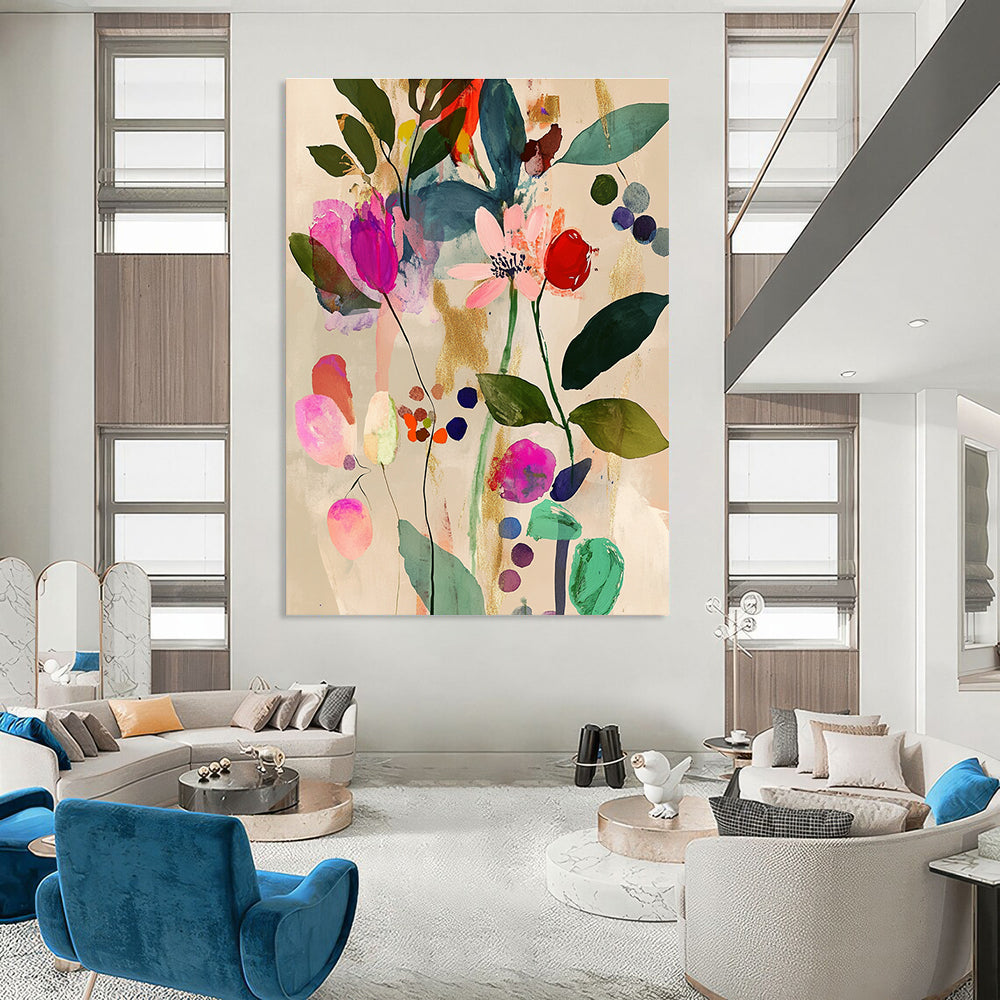 Abstract painting featuring pink and green leaves flowers and berries in a Matisse style with watercolor and gold foil on a beige background.STSC043