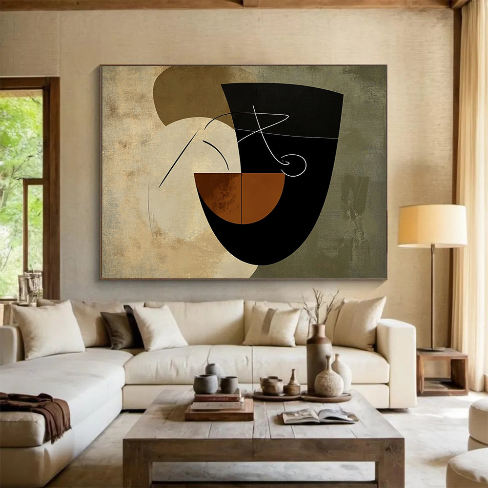 An abstract artwork featuring organic shapes in earthy tones with a stylized hand illustrating an 'S' on a textured bowl background.SC484