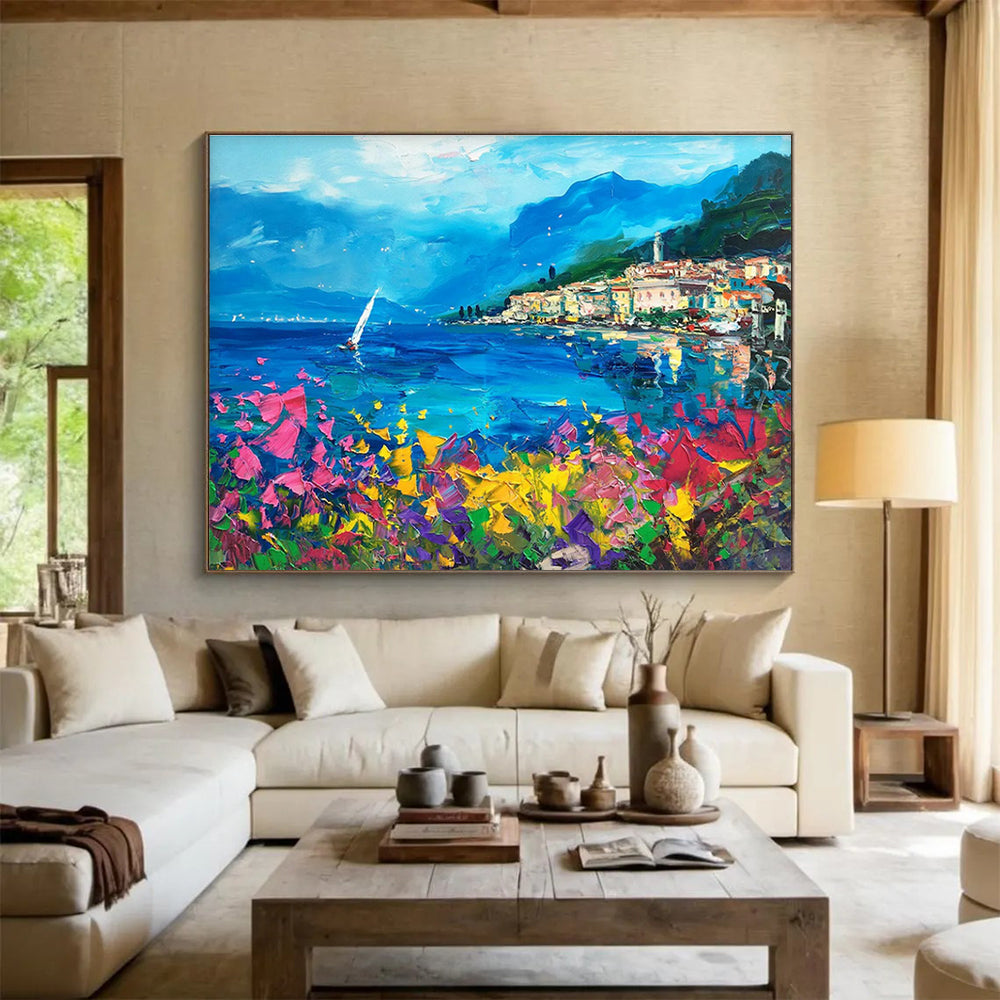 Blue Pink Yellow Coastal Village Abstract Painting THY484