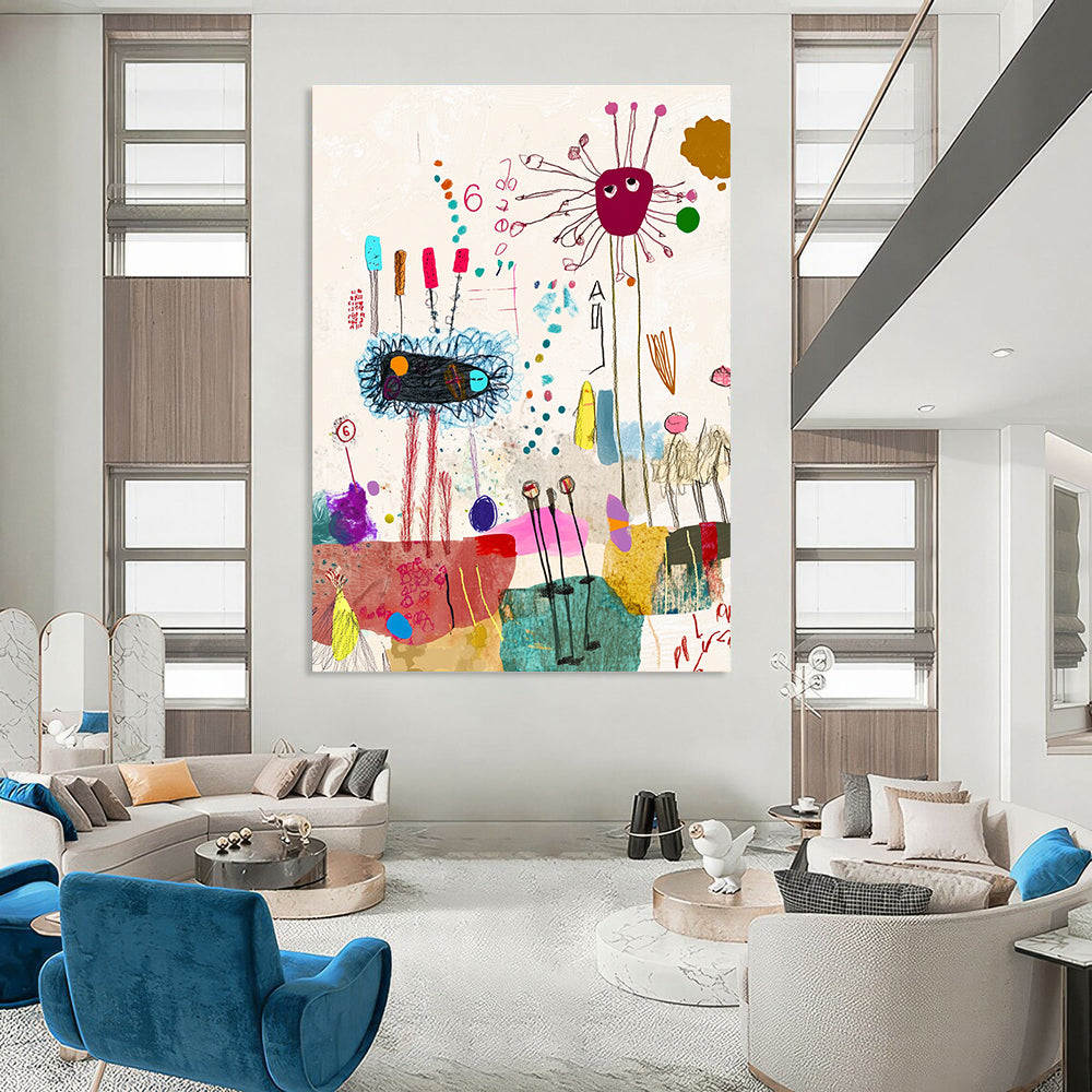 A large abstract painting featuring whimsical shapes and lines, soft pastels, and nature-inspired collages with a dynamic dancing group highlighted by the number six.STSC971