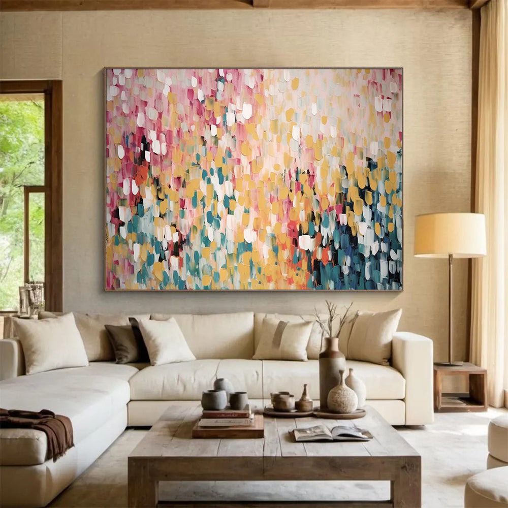 Pastel Color Block Abstract Painting with Pink, Yellow, and Blue Hues THY166