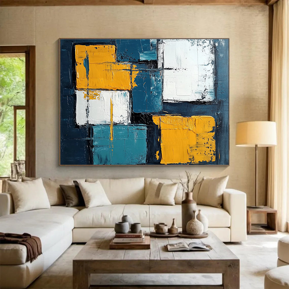 Geometric Abstract Painting with Blue Yellow and White Blocks DYP281