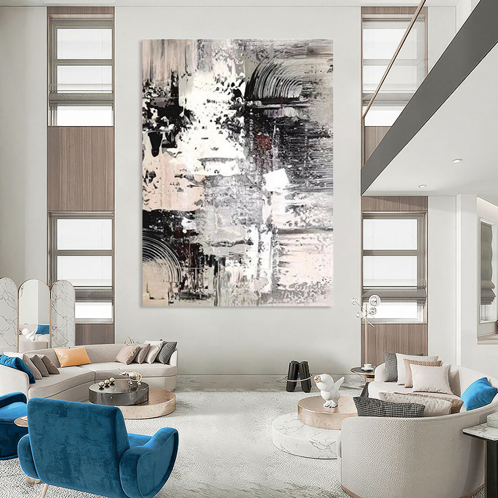 Monochrome Textured Abstract Painting with Layered Patterns ADGE392