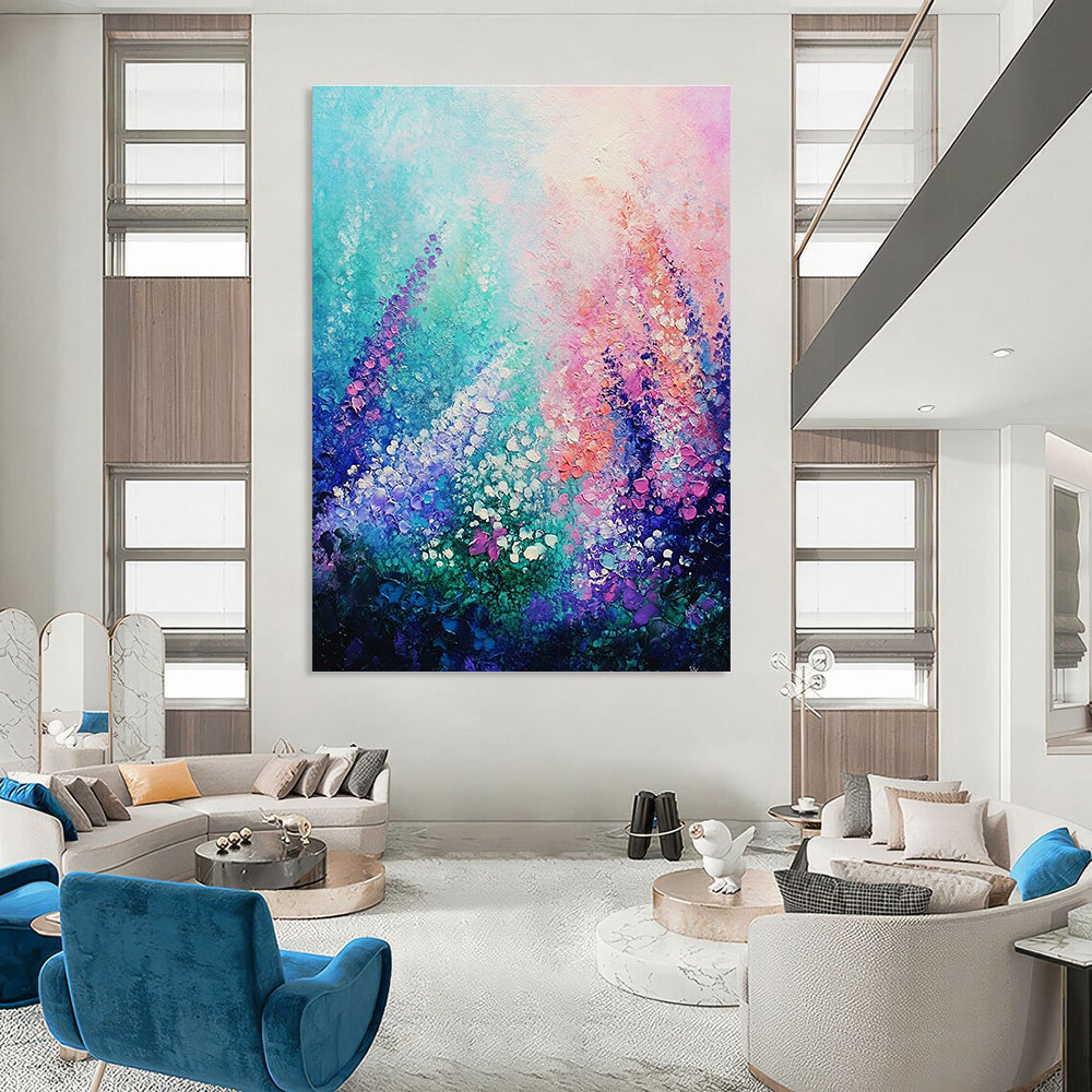 A large abstract painting of an underwater garden featuring glowing coral and vibrant flowers against a soft pastel sky in impressionist style.STSC847