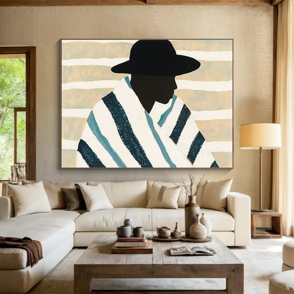 An abstract painting featuring an African man in a blue and white striped blanket against a minimalist beige background with white stripes.SC399