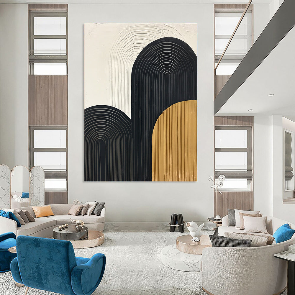 Large abstract painting with thick black lines simple shapes and textured mustard yellow accents on a white background. Modern vintage style artwork.STSC570