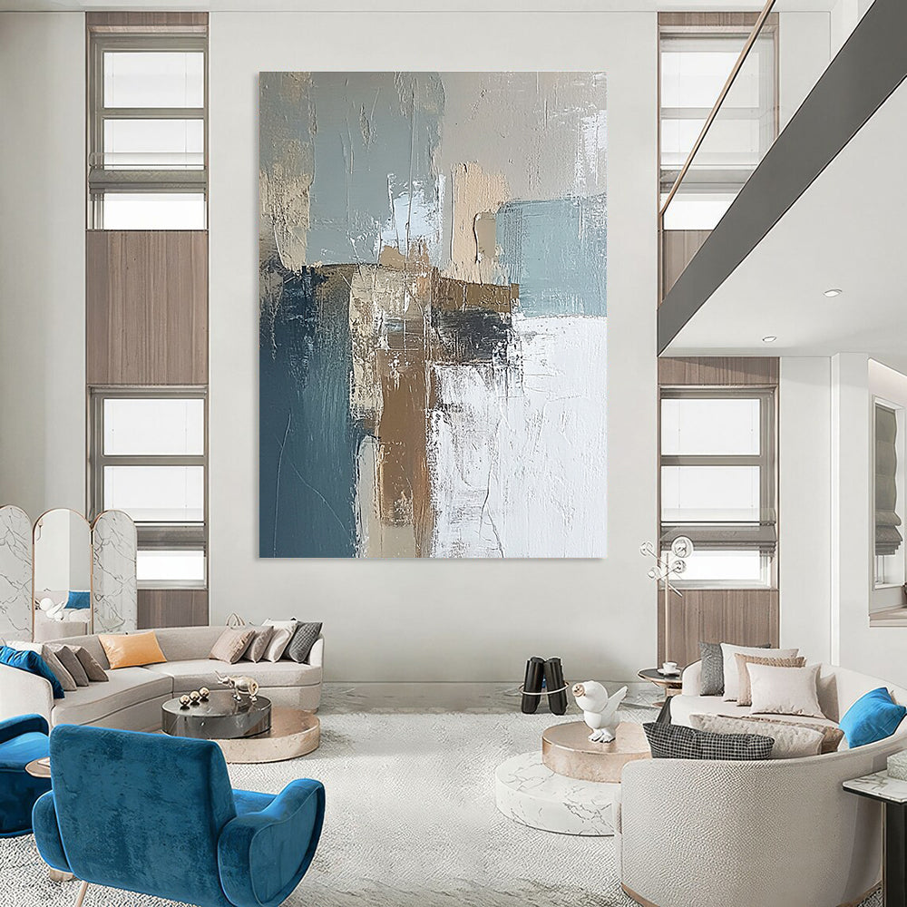 Large abstract painting of an Irish landscape featuring soft muted blues and browns with textured brush strokes for a serene ambiance.STSC650