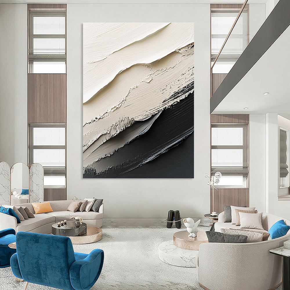 Large abstract painting in black and white featuring dynamic brush strokes and rich textures that create striking contrasts and depth.STSC1470