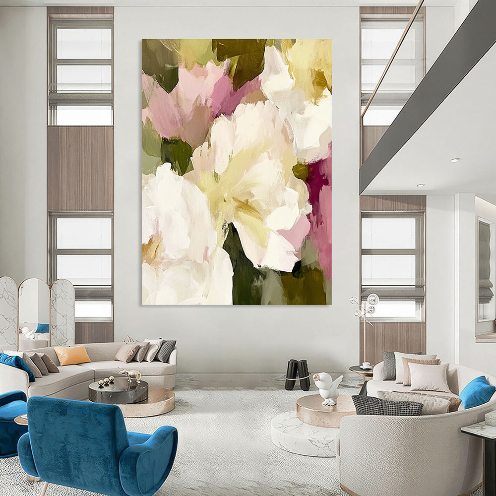 Large abstract painting featuring soft pinks whites and cream colors with loose brushstrokes of white peonies cream roses and sage green foliage.STSC055