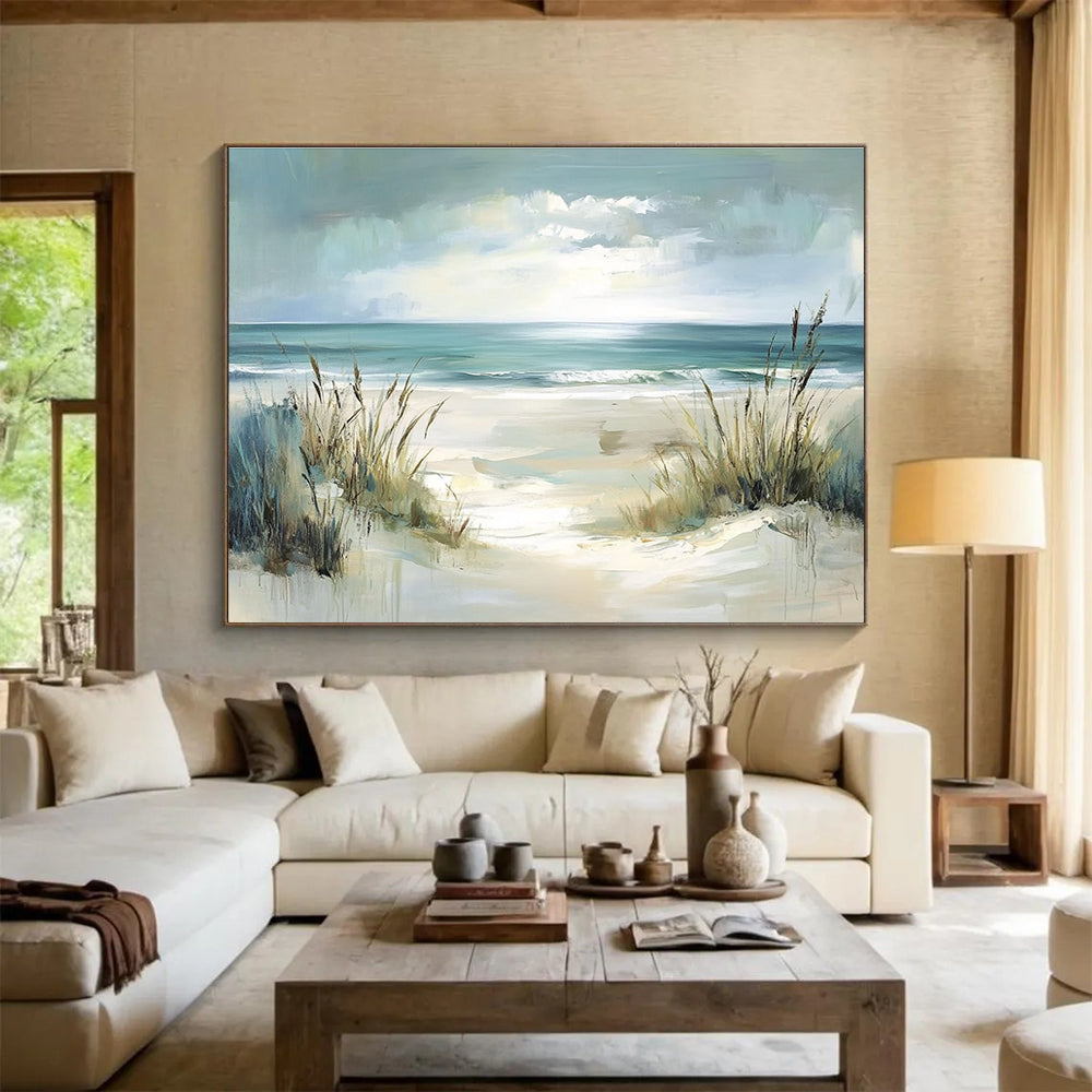 Large abstract painting depicting a serene coastal scene with dunes and ocean in soft pastel teal and blue hues, radiating tranquility and serenity.SC546