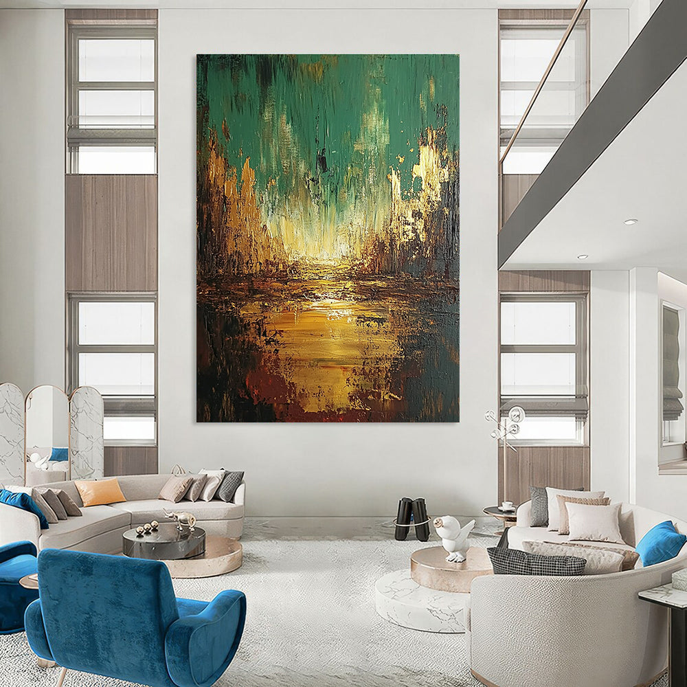Large abstract oil painting depicting an apocalyptic landscape in greens and browns with golden highlights, perfect for bold decor.STSC583