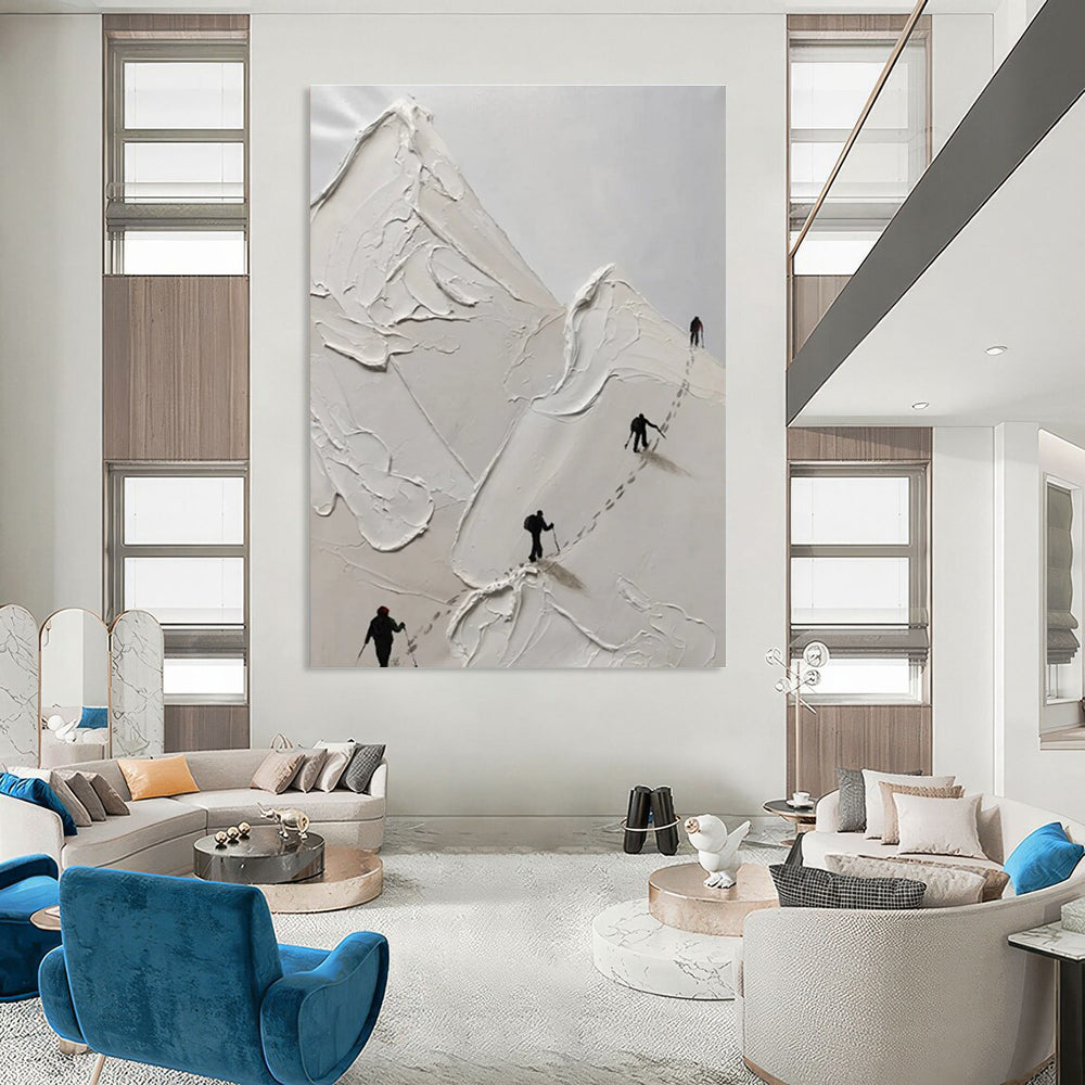 White Textured Mountain Climbing Abstract Painting with Black Silhouettes ADGE317
