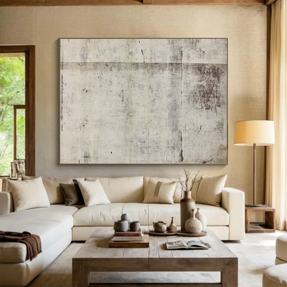 Large abstract artwork featuring vintage paper texture with distressed white gray tones and hints of brown along with watercolor splashes and antique French wallpaper pattern.SC615