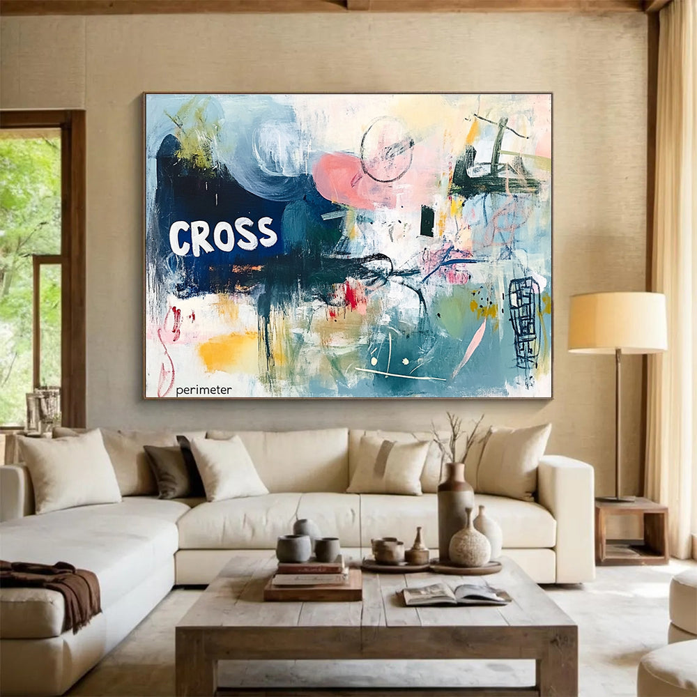 A large abstract painting featuring chaotic harmony in soft pinks blues and greens with textured layers and the text CROSS perimeter.SC307