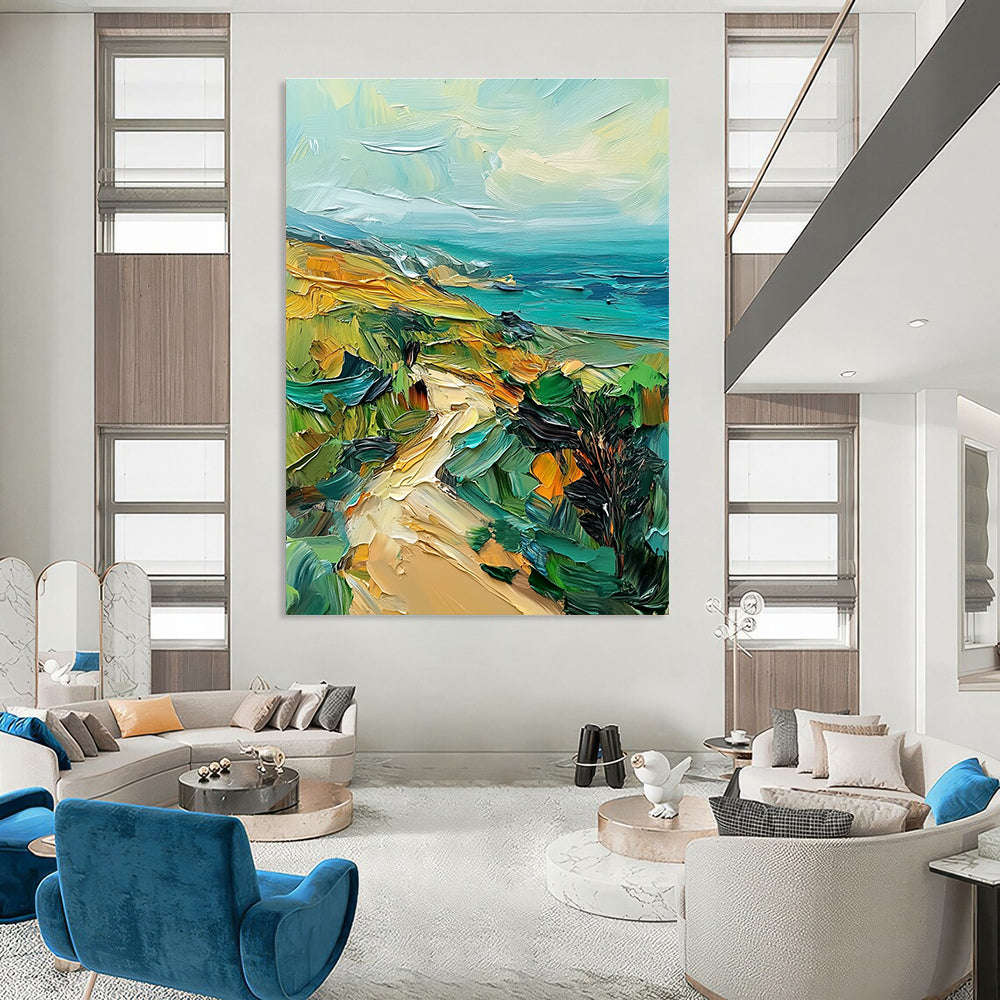 Large abstract painting featuring green hills and teal sea using palette knife technique on canvas with rich texture and vibrant colors.STSC082