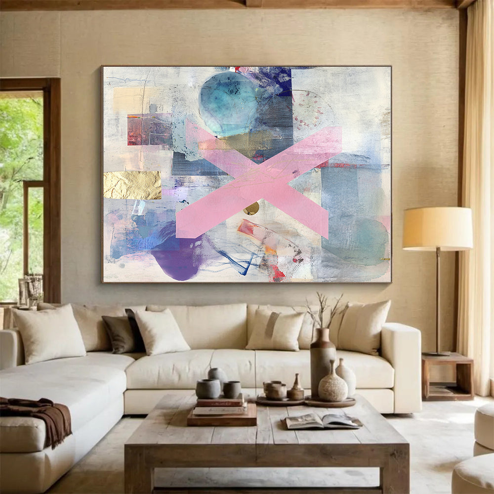 Pink X Collage Abstract Painting with Mixed Media and Gold Accents GER077