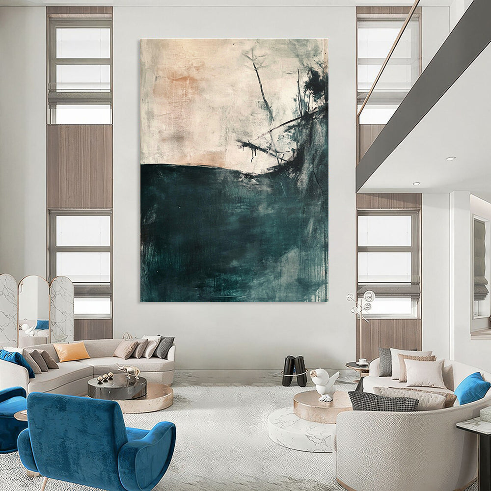 Large abstract painting depicting an underwater scene in soft gray and teal tones with minimalistic loose brushwork and neutral colors.STSC276