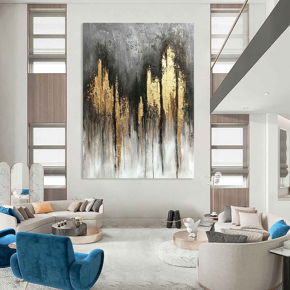 Large abstract painting featuring a gray and gold color scheme with textured canvas flowing lines and a tranquil atmospheric composition.STSC393