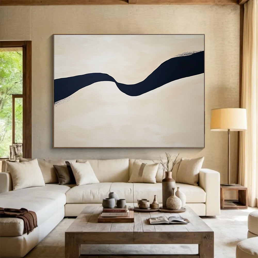 Wavy Black Line on Beige Abstract Painting with Subtle Details DYP585