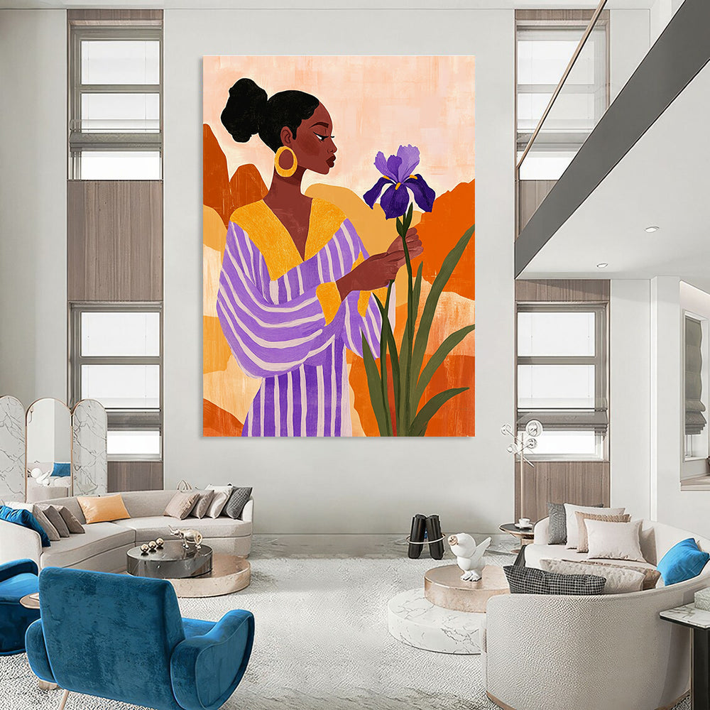 A large abstract painting featuring an African American woman with an iris flower in a vibrant desert landscape, styled with vintage aesthetics and textured elements.STSC535