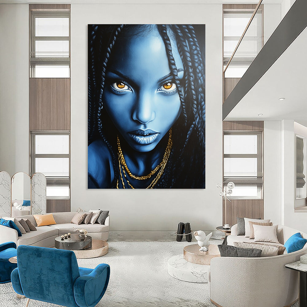 Abstract painting featuring an African American woman with long black braids and glowing blue face against a dark gray background adorned with gold necklaces.STSC1273