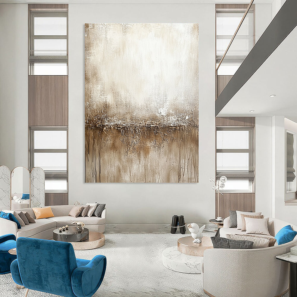 Large abstract painting featuring a neutral tone palette of beige and gray with distressed textures for a calming wall decor.STSC137