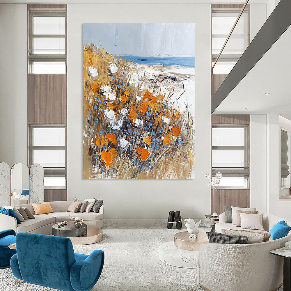 Abstract painting featuring impasto technique with meadow flowers on the beach in white orange and light blue hues.STSC1369
