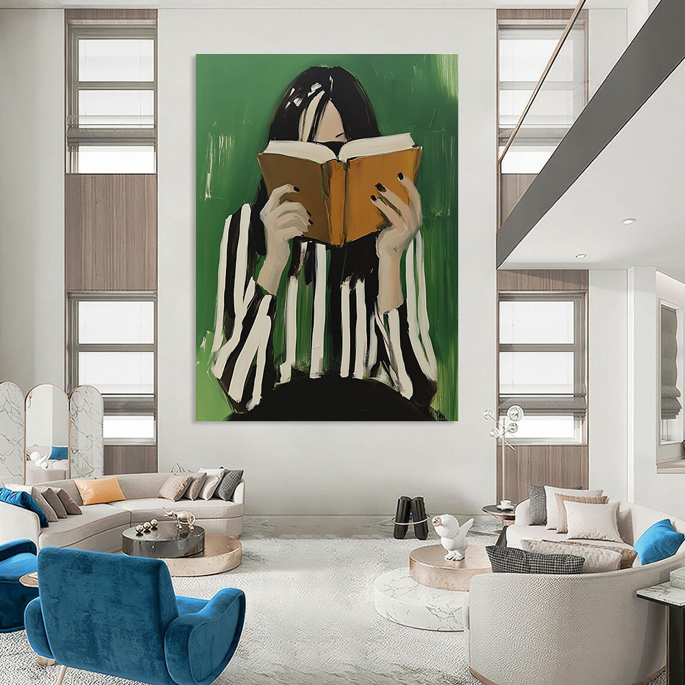 An abstract oil painting of a woman with black and white striped hair enjoying coffee while reading an open book against a green background.STSC1265