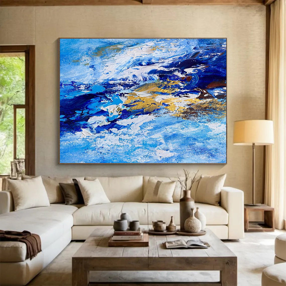 Blue Gold Abstract Painting with Ocean Wave Motifs THY345