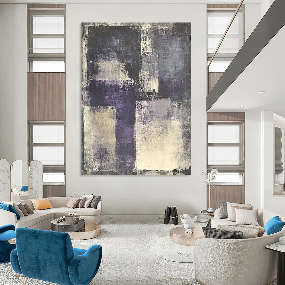 Large abstract painting of gray and purple with white accents featuring a vintage urban landscape and a central figure wearing headphones.STSC682