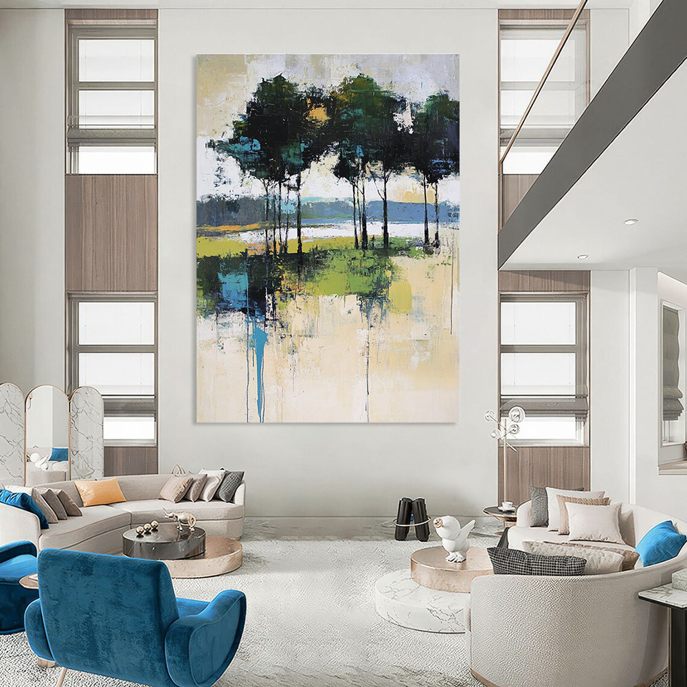 Large abstract painting featuring expressive brush strokes with trees and a lake in soft pale green and beige tones.STSC118