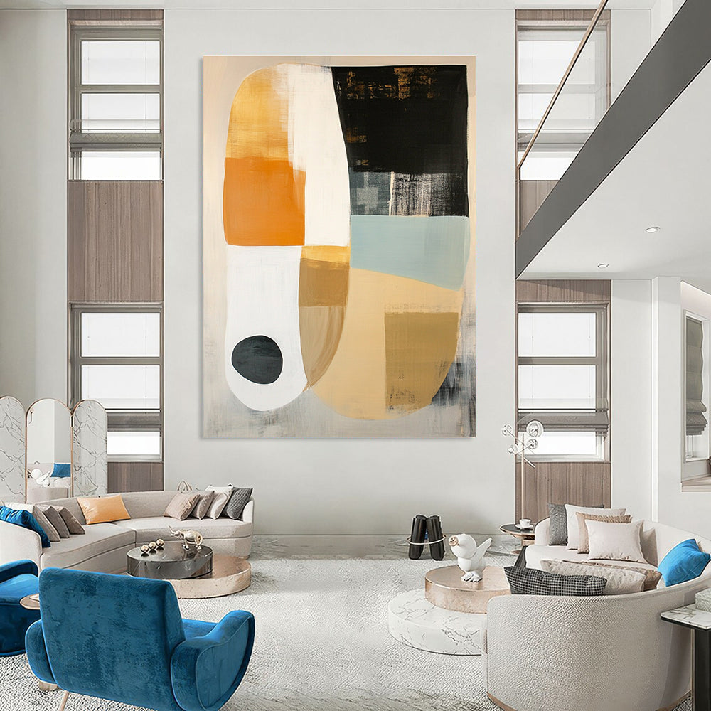 Large abstract painting featuring white beige and black shapes on soft gray with orange circle and light blue oval accents.STSC762