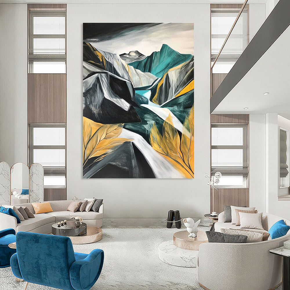 Large abstract painting of mountains and rocks featuring grey white teal gold black and green with a low angle close-up of leaves and a snow storm.STSC191