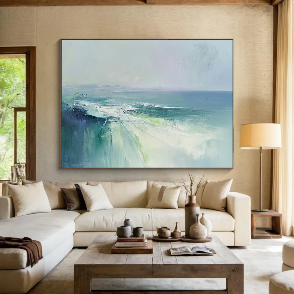 Large abstract painting of the sea with soft blues and greens, evoking a misty morning atmosphere in an ethereal and emotional style.SC047