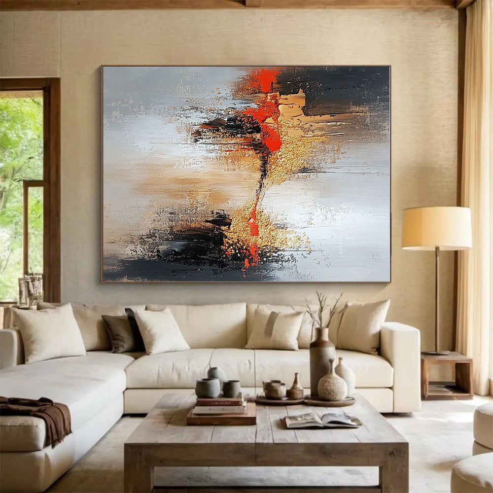 Red Gold and Gray Abstract Painting with Textured Layers GER556