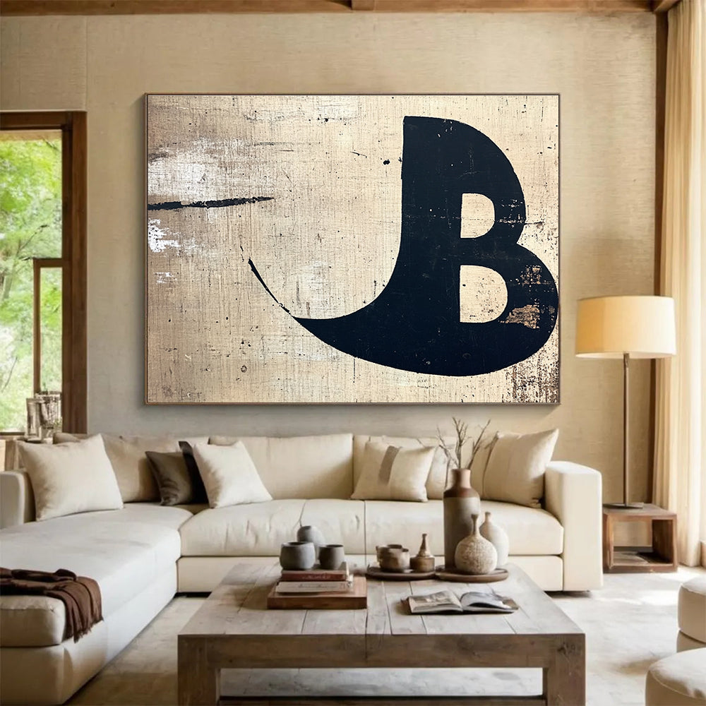 A large abstract painting on wood featuring a minimalist black letter B against a beige and white textured background for elegant creative uses.SC438