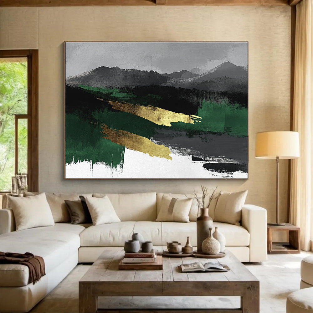 Large abstract watercolor landscape in green, black, and gray with gold accents, perfect for modern decor.SC050