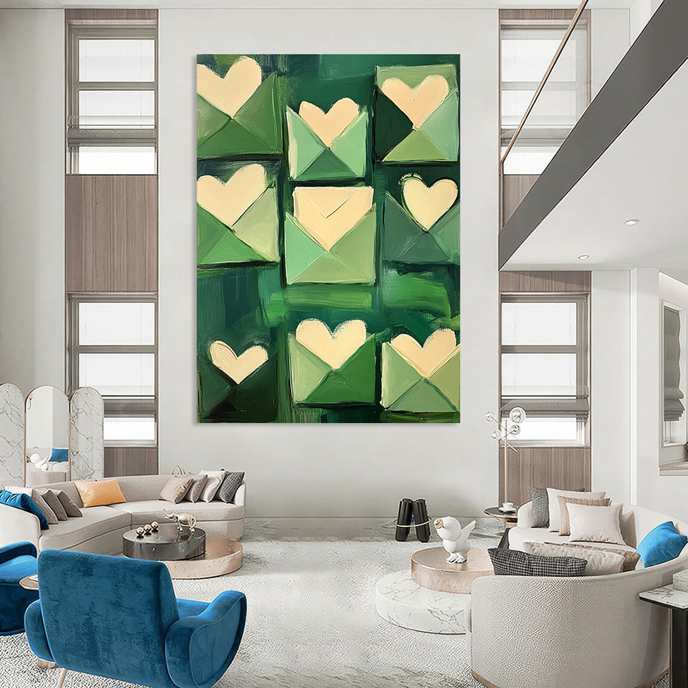 Abstract painting of green envelopes with love letters in shades of emerald and soft pink creating a romantic impressionist atmosphere.STSC1391