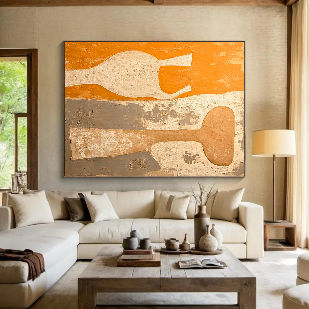 Orange Gray and Beige Vase - Shaped Abstract Painting with Textured Background GER060